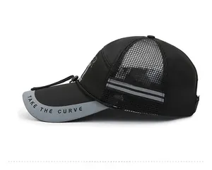 Detail of breathable mesh and reflective brim on black outdoor sports baseball cap
