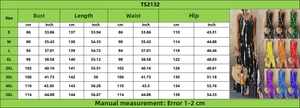 Comprehensive size chart for tie-dye maxi dress showing measurements for S to 5XL sizes