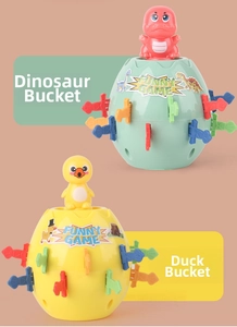 Detail of dinosaur and duck pirate barrel toys with colorful plastic daggers for group play
