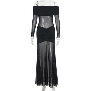 Detail of off-shoulder mesh sleeves and slim fit black dress texture on white background