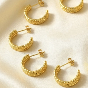 Three-layer textured 18k gold-plated stainless steel C-shaped stud earrings for women