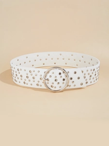 Close-up of white PU leather belt featuring silver round metal buckle and studded rivets