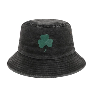 Vintage washed black denim bucket hat with green embroidered shamrock clover on front