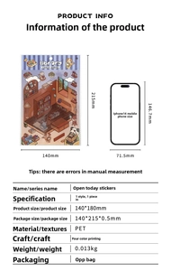 Detailed dimensions of library themed PET stickers with size comparison to phone