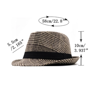 Detail view of checkered wool fedora hat with size chart: 58cm head girth and 5.5cm brim