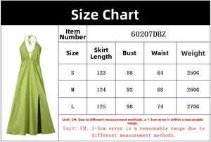 Size chart detail for deep V-neck backless halter dress with length and bust measurements