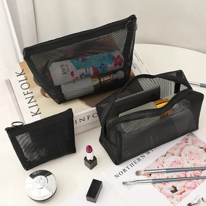 3-piece black nylon mesh makeup bag set with zip closure for portable travel storage