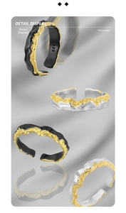 Detail view of S925 sterling silver rings with irregular lava texture and two-tone plating