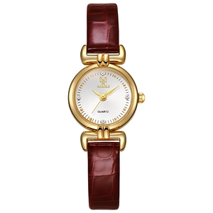 Elegant women's quartz watch with gold alloy case and brown crocodile leather strap