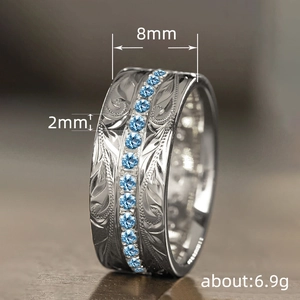 8mm brede vintage korenpatroon ring met blauwe stenen en fijne gravures