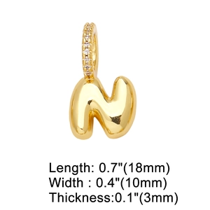 Detailed view of gold plated letter N pendant with precise size dimensions shown