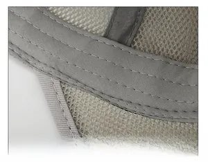 Detail of grey mesh hat interior showing thick moisture-wicking sweatband and fine stitching