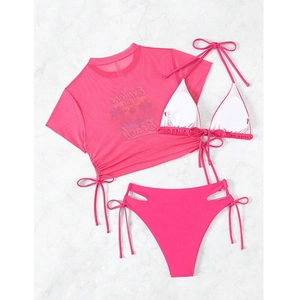 Detail of bright pink 3-piece bikini set with mesh cover-up and high-waisted side ties