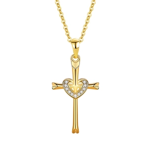 Gold 925 silver cross necklace with heart pendant and sparkling zircon accents for women