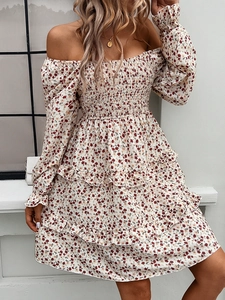 Elegant floral mini dress with off-shoulder design and layered ruffle hem details