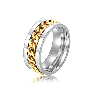 Detail view of rotatable gold cuban chain inlay on silver stainless steel ring