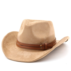 Classic khaki suede wide brim cowboy hat featuring double brown leather belts and studs