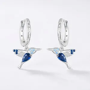 Hummingbird Hoop Earrings 925 Sterling Silver With Blue Cubic Zirconia And Nano Opal Tiny Animal Jewelry For Women