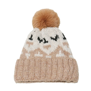 Detail of mohair knit beanie featuring retro geometric patterns and a large faux fur pompom