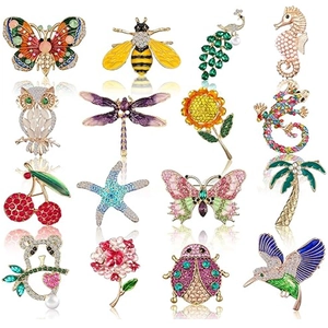 Vintage Animal Insect Brooch Pin For Women Alloy Rhinestone Enamel Owl Butterfly Bee Dragonfly Peacock Jewelry Gift