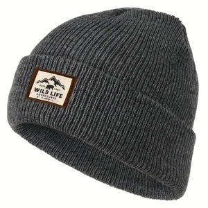 Deep grey knit beanie with Wild Life patch featuring a mountain and bear design