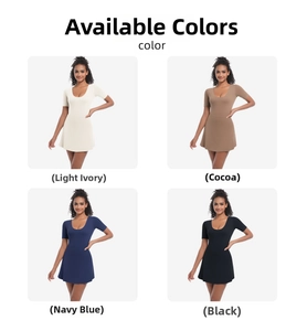 Detail view of four-color options: light ivory, cocoa, navy blue and black athletic dresses