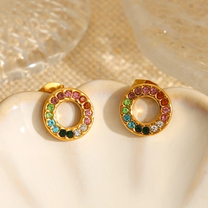 Macro detail of 18K gold round earrings with multi-color crystals in a pearl shell