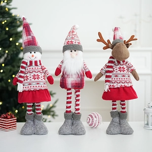 Christmas Santa Claus Snowman Reindeer Dolls Extendable Telescopic Legs Knitted Fabric Nordic Snowflake Holiday Window Ornaments