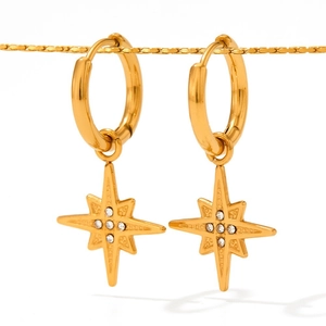 Polished gold hoop earrings with sparkling zircon star pendants on minimalist background