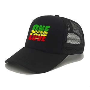 Detail of breathable mesh and One Love print on the black trucker hat with curved brim