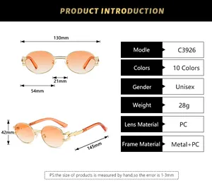 Steampunk oval sunglasses size chart showing 130mm width and metal frame details