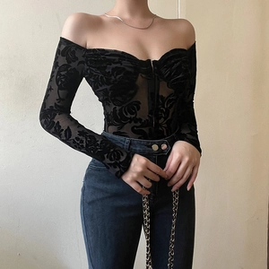 Women Off Shoulder Bodysuit Long Sleeve Black Lace Flocked Floral Mesh Slim Fit Sexy Jumpsuit Top Hook Eye Closure