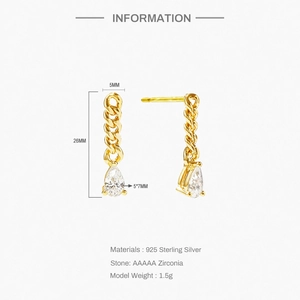 Detailed dimensions of S925 silver chain earrings with AAAAA cubic zirconia stones