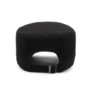 Rear view of black cotton cadet cap showing adjustable strap and metal buckle