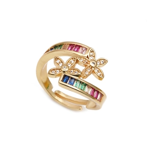 Golden sunflower open ring featuring colorful cubic zirconia and micro-set crystals
