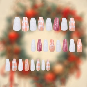Christmas press-on nails set with 3D heart, plaid, and snowflake patterns in coffin shape