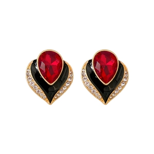 Vintage heart earrings with red crystal and black enamel in a gold-plated metal setting