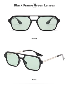 Front and side views of double-bridge retro sunglasses with black frames and green lenses