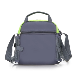 Grey sports water bottle bag with neon green accents and adjustable shoulder strap