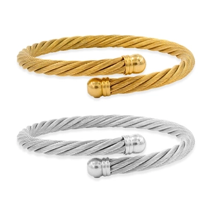 Hip hop style stainless steel cable twist cuff bracelets in gold and silver finish
