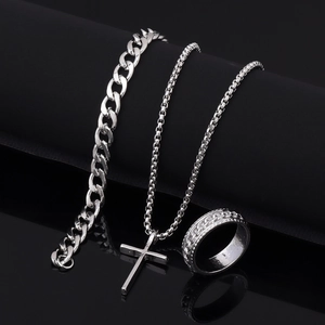 Men Hip Hop Retro Alloy Jewelry Collection With Cross Arrow Pendant Necklace Cuban Link Bracelet Chain Ring Accessory