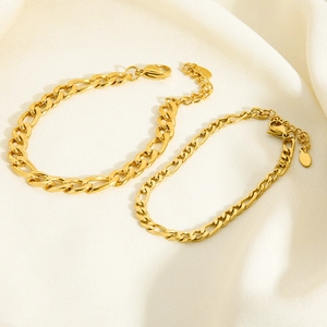 Golden titanium steel Figaro chain anklet set on white silk background with S.Steel tag