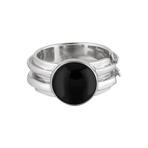 Retro S925 sterling silver wide ring with round black agate gemstone for women
