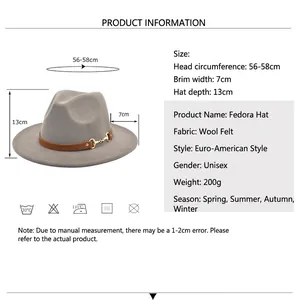 Grey wool jazz fedora hat with brown leather belt and gold horsebit buckle detail