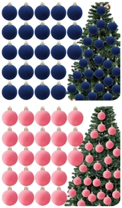 Detailed view of 6cm flocked Christmas balls in navy and pink with gold caps for trees