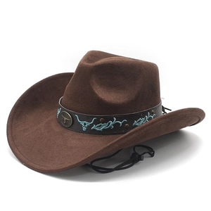 Chapeau de cowboy américain marron à large bord avec lanière en cuir et logo taureau