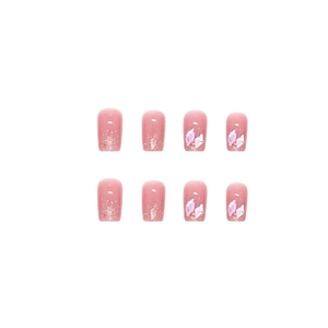 Pink gradient press-on nails with sparkling glitter and rhinestone diamond accents