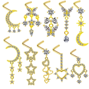 Détails de 10 piercings de nez dorés en L avec cristaux en forme de lune, étoile et cœur