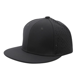 Black quick-dry snapback baseball cap with side laser-cut ventilation holes and flat brim