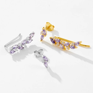 Elegant 925 sterling silver branch stud earrings with marquise purple zircon stones